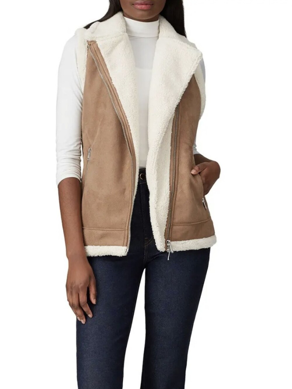 Ralph Lauren Taupe Outer with Cream Faux-Shearling Lining Vest Size S